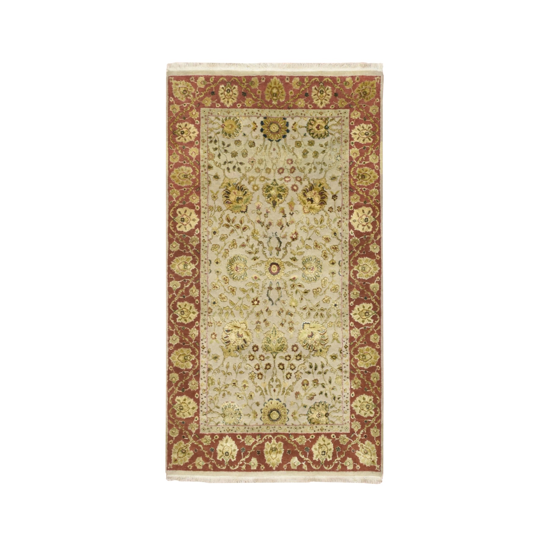 Dark Vanilla Brown, Rajasthan with All Over Leaf Design, Hand Knotted, Wool and Silk, Soft Pile, Thick and Plush, Oriental Rug